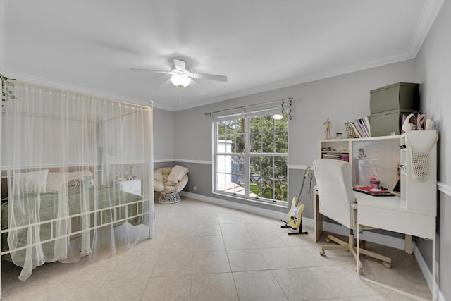 bedroom with ceiling fan, light tile floors, and crown molding