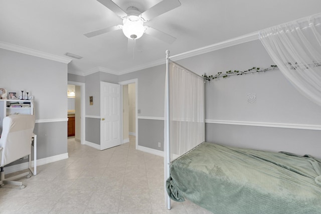 unfurnished bedroom with light tile floors, ceiling fan, and ornamental molding