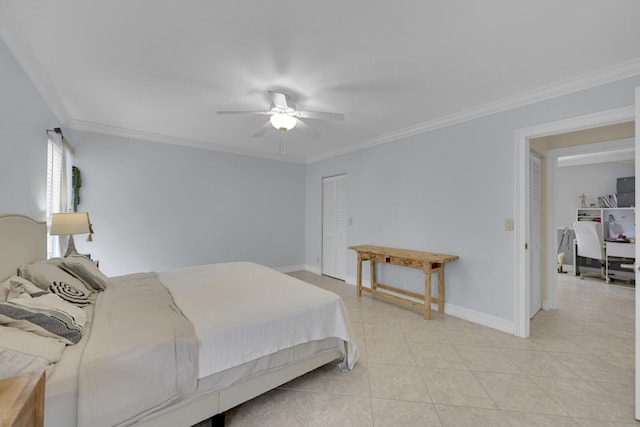 tiled bedroom with a closet, ceiling fan, and ornamental molding