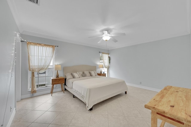 bedroom with crown molding, light tile flooring, and ceiling fan