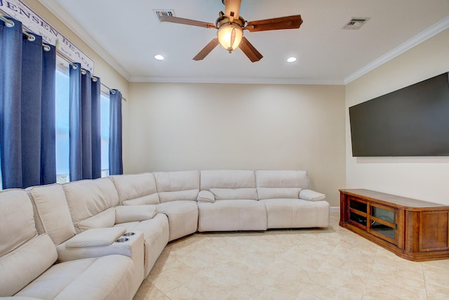 living room featuring ceiling fan and crown molding