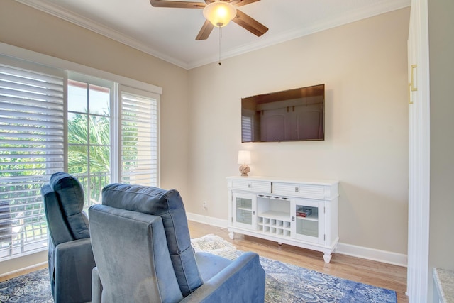 living area featuring ceiling fan, light wood-type flooring, and ornamental molding