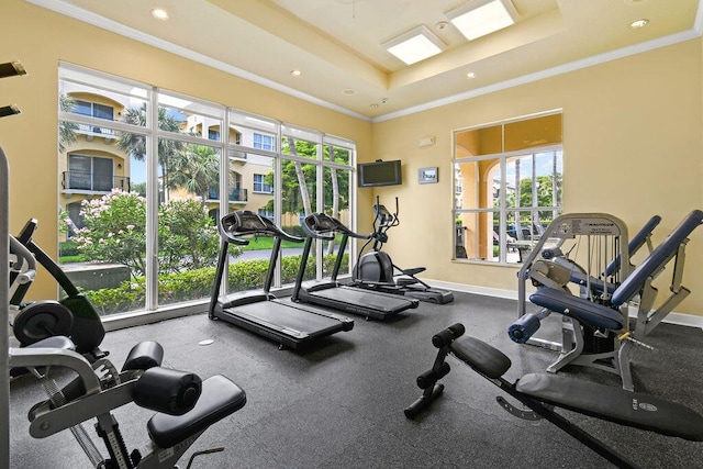 gym featuring a raised ceiling