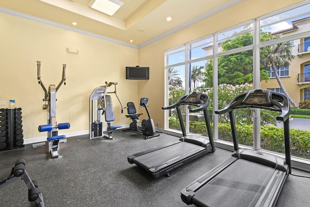 gym with a raised ceiling and ornamental molding