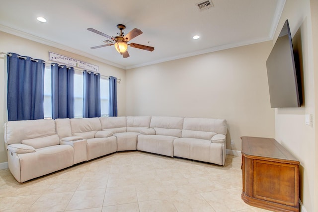 living room with crown molding, ceiling fan, and light tile patterned floors