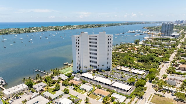 bird's eye view with a water view