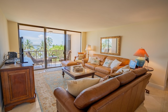 living room with a wall of windows