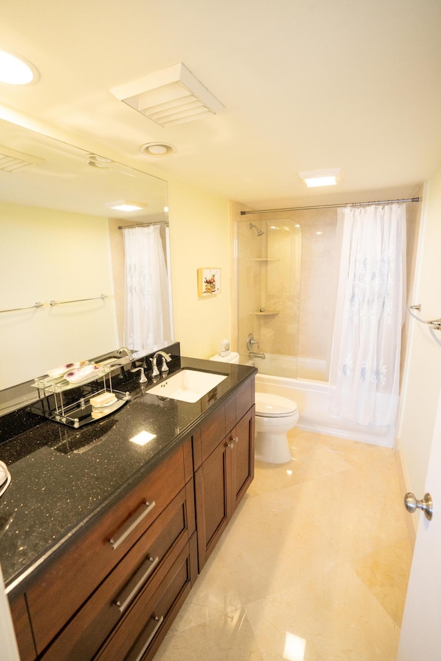 full bathroom featuring vanity, shower / bath combination with curtain, and toilet