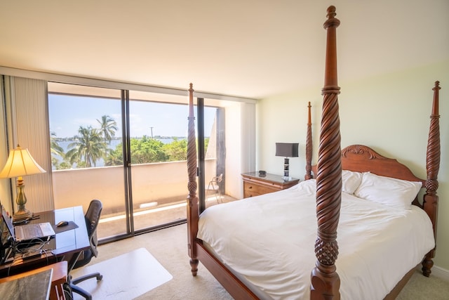 carpeted bedroom with a wall of windows, access to outside, and multiple windows