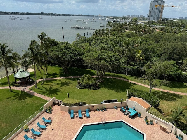 exterior space with a water view