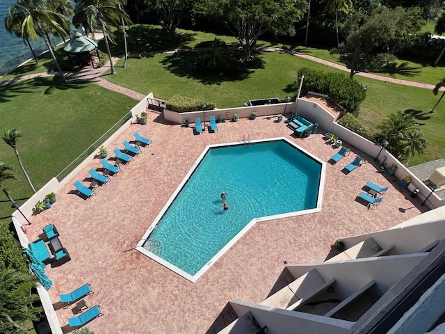 view of swimming pool with a gazebo and a patio