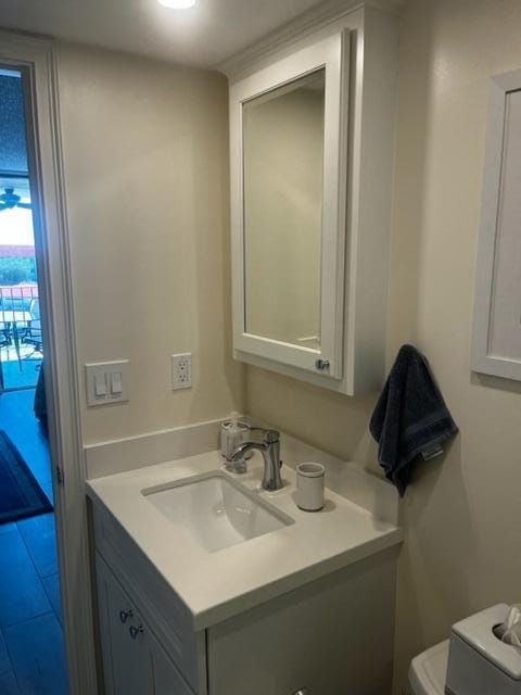 bathroom featuring toilet and vanity with extensive cabinet space