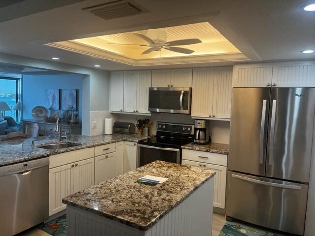 kitchen featuring stone countertops, ceiling fan, appliances with stainless steel finishes, and sink