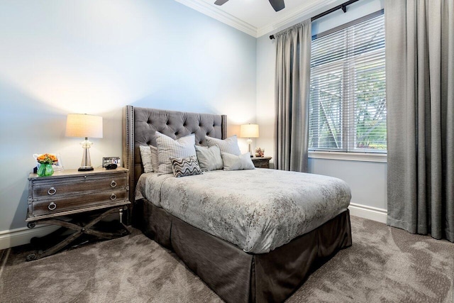 carpeted bedroom featuring ceiling fan and crown molding