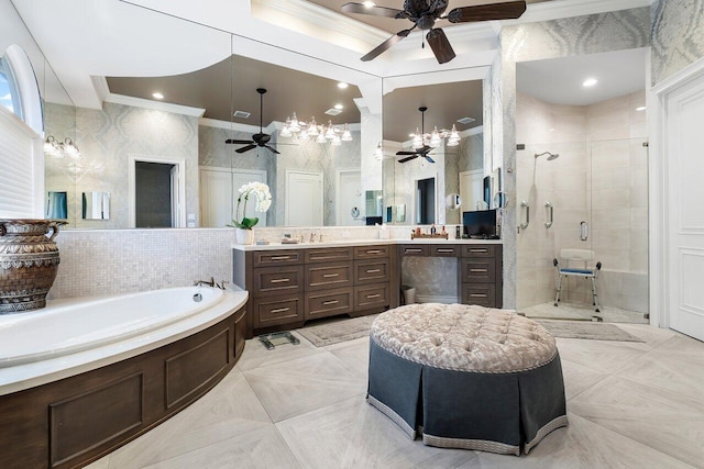 bathroom featuring vanity, shower with separate bathtub, tile flooring, and ceiling fan with notable chandelier