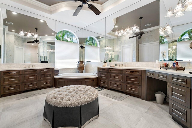 bathroom with ceiling fan, a bath to relax in, tile flooring, tasteful backsplash, and vanity