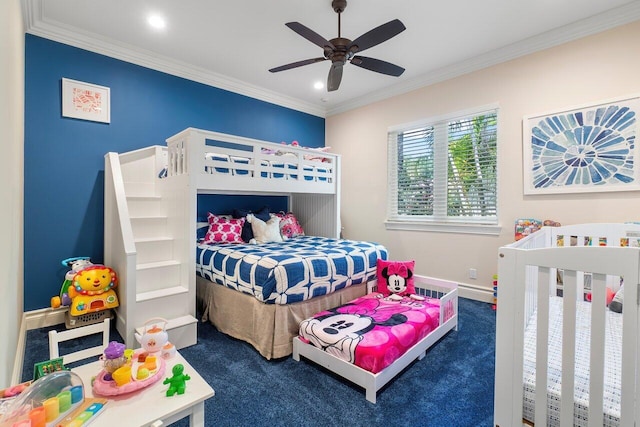 carpeted bedroom featuring ornamental molding and ceiling fan