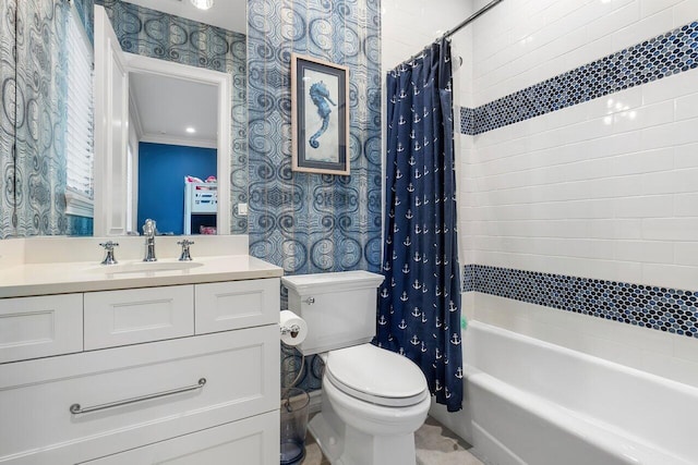 full bathroom featuring shower / bath combination with curtain, ornamental molding, toilet, and vanity