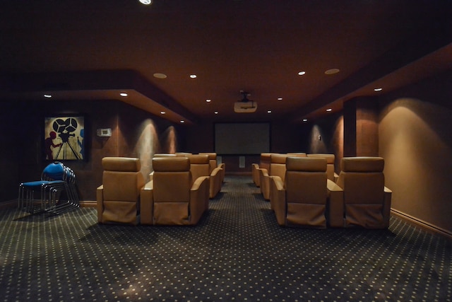 home theater with dark carpet