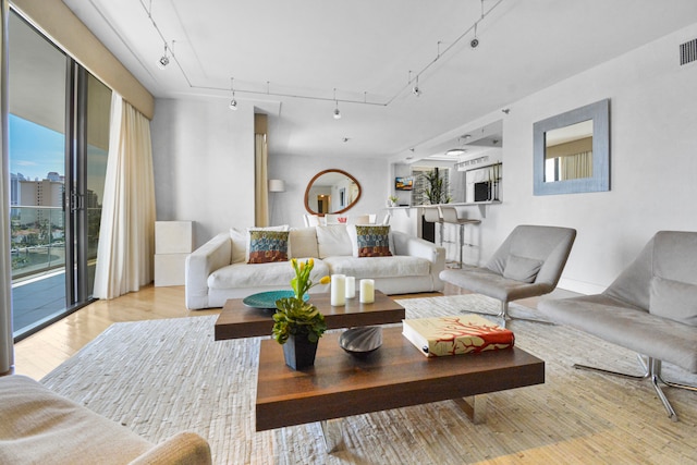 living room featuring track lighting and light hardwood / wood-style floors