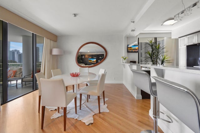 dining space with light hardwood / wood-style flooring and track lighting