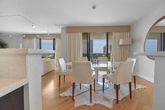 dining space with light hardwood / wood-style flooring and track lighting