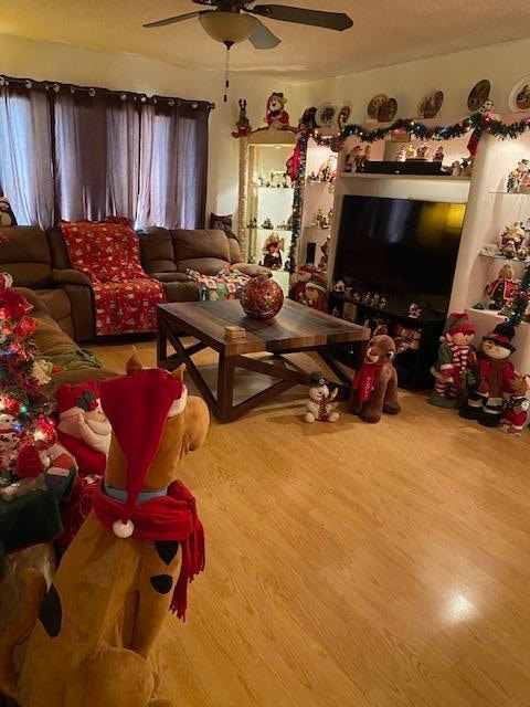 living room with ceiling fan and hardwood / wood-style floors