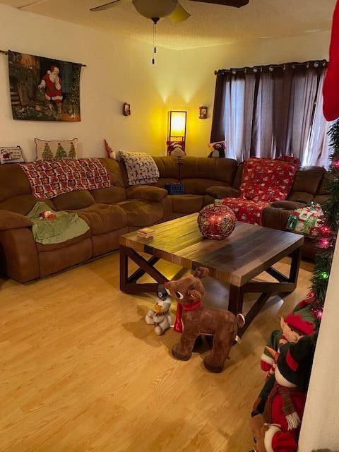 living room featuring ceiling fan and light hardwood / wood-style floors