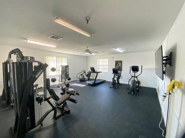 gym with plenty of natural light and ceiling fan