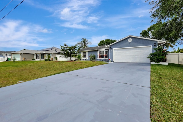 single story home featuring a front yard and a garage