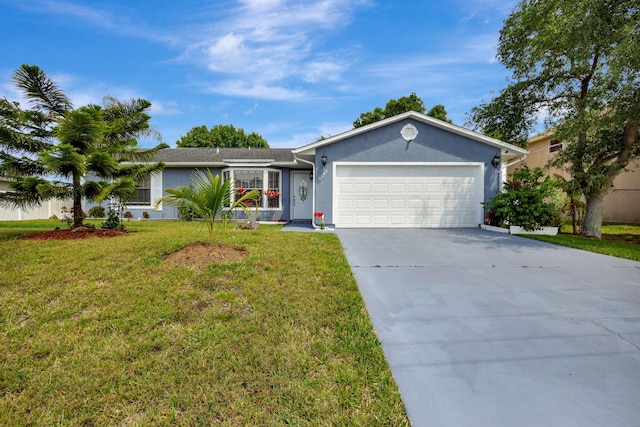 ranch-style home with a front lawn and a garage