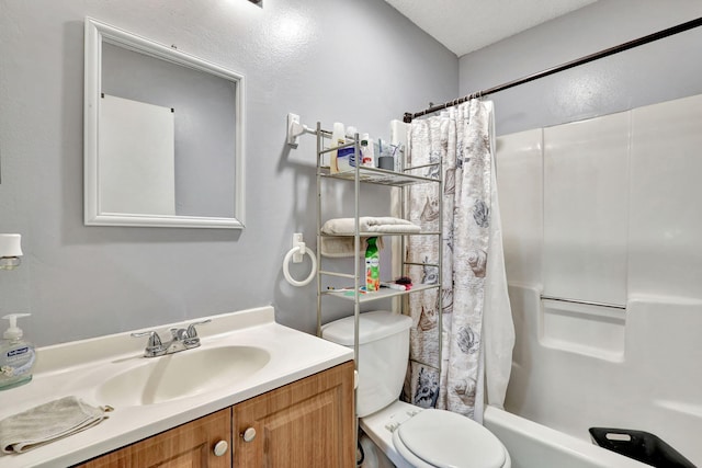 full bathroom with shower / bathtub combination with curtain, toilet, and vanity