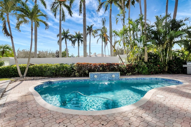 view of swimming pool with pool water feature and a patio