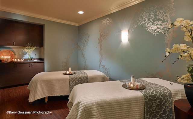 bedroom featuring dark hardwood / wood-style flooring, crown molding, and sink