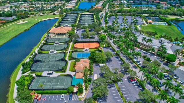 birds eye view of property featuring a water view