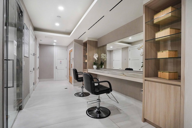 tiled home office with built in desk