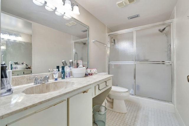 bathroom featuring tile patterned floors, vanity, toilet, and a shower with door