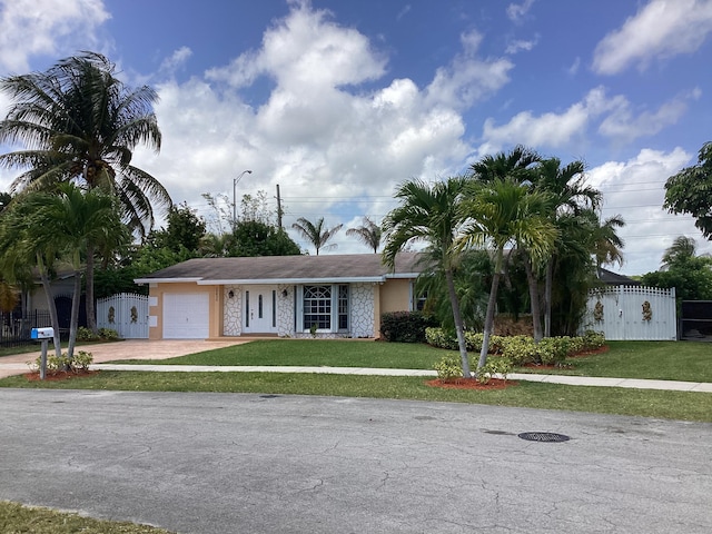 single story home with a front yard and a garage