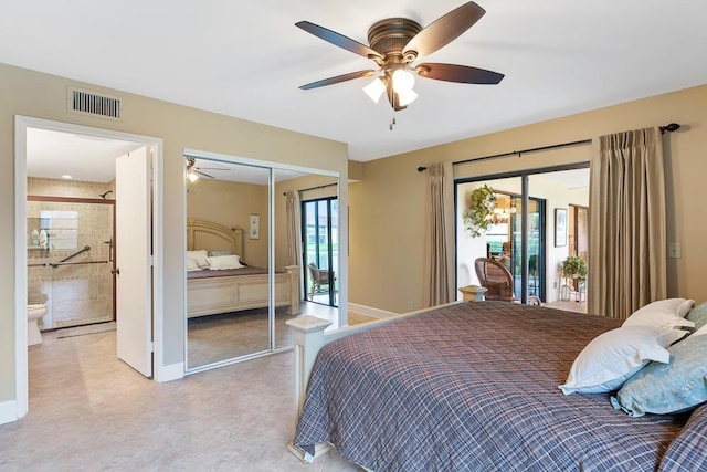 bedroom featuring ceiling fan, a closet, access to exterior, and ensuite bathroom