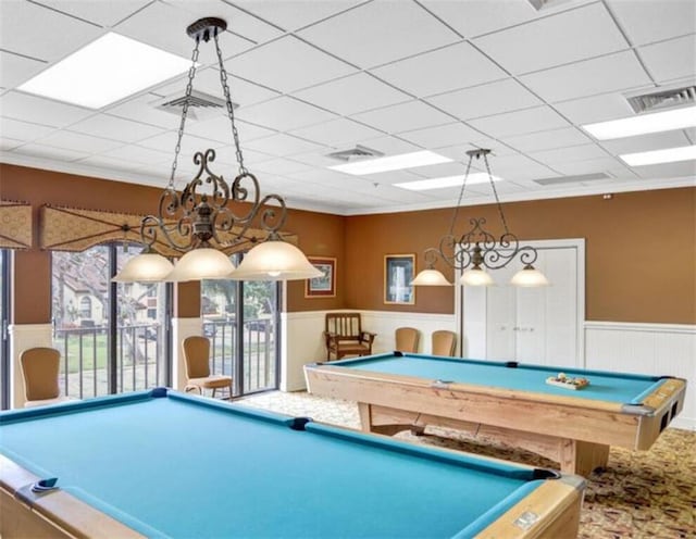 recreation room with carpet, billiards, and ornamental molding