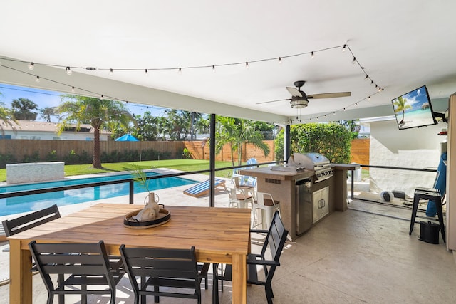 view of patio with outdoor dining area, a fenced backyard, area for grilling, a ceiling fan, and a fenced in pool