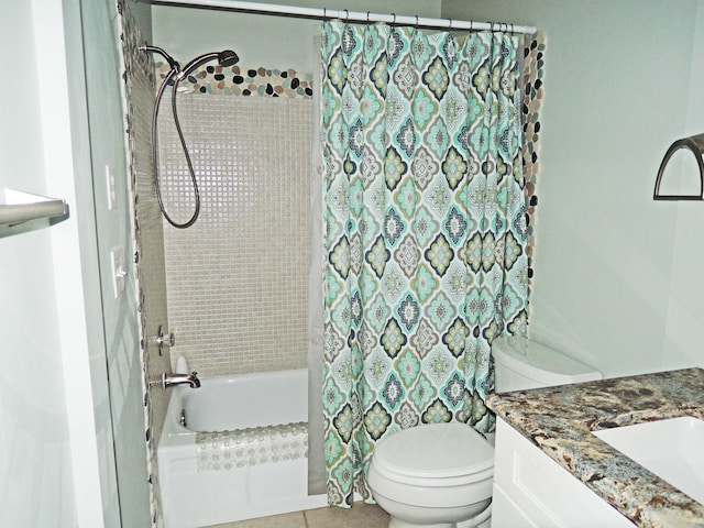 full bathroom featuring toilet, vanity, and shower / bath combo with shower curtain