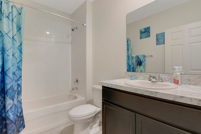 full bathroom with shower / tub combo with curtain, toilet, and vanity with extensive cabinet space