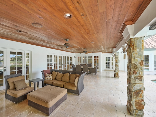 exterior space with french doors, ceiling fan, and an outdoor hangout area