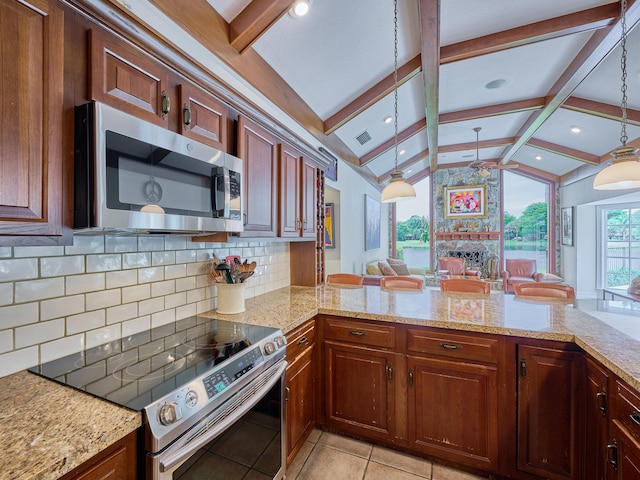 kitchen with lofted ceiling with beams, hanging light fixtures, backsplash, stainless steel appliances, and light tile floors