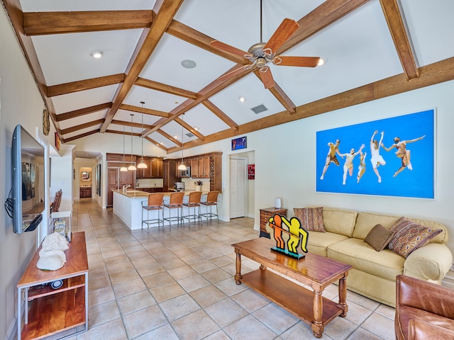 living room with high vaulted ceiling, beam ceiling, ceiling fan, and light tile floors