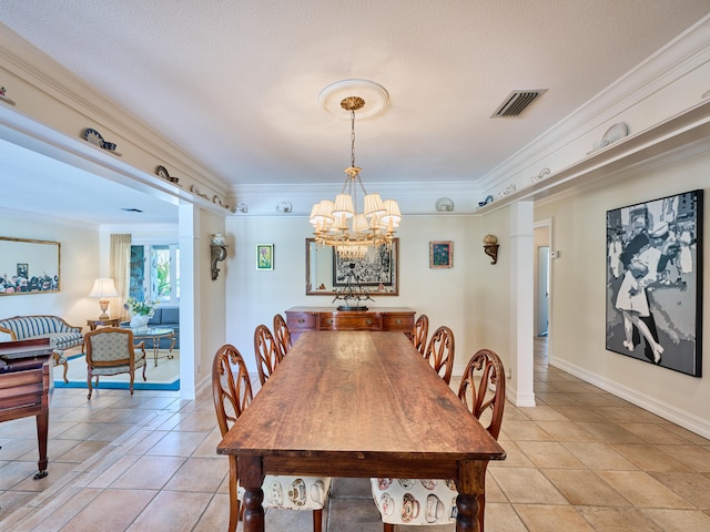 dining area with light tile flooring, a chandelier, crown molding, and a textured ceiling