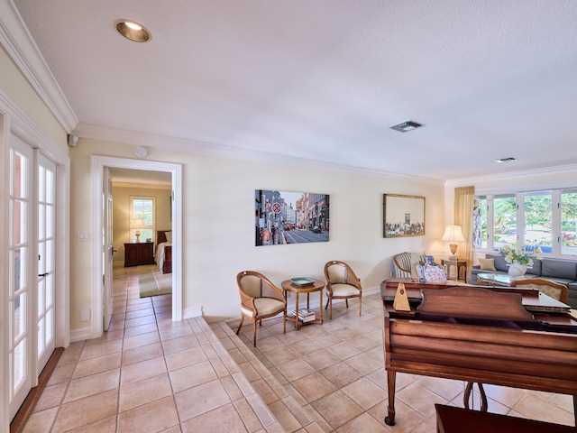 interior space with french doors and crown molding