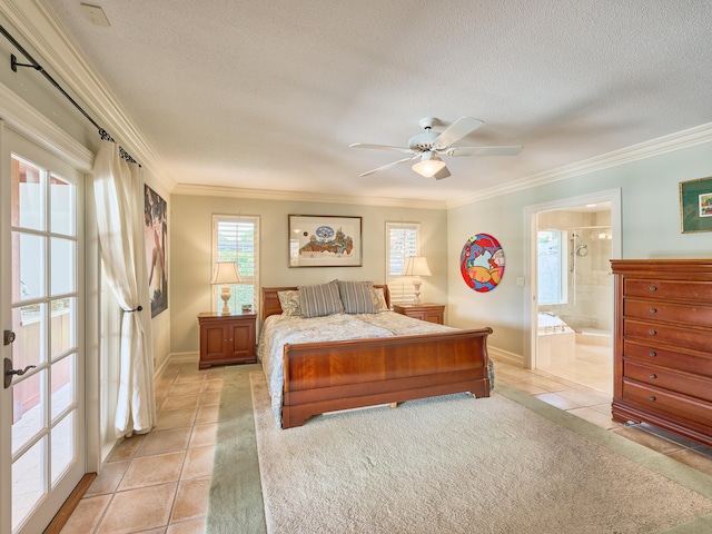 tiled bedroom featuring a textured ceiling, ceiling fan, connected bathroom, and ornamental molding