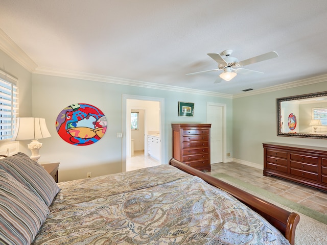 bedroom with ceiling fan, crown molding, and light tile floors